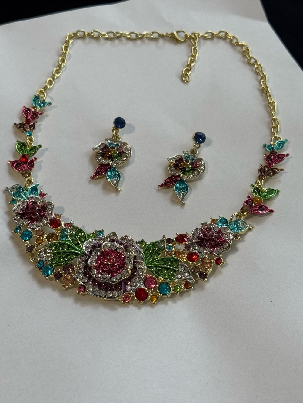 Multicolor Floral Crystal Necklace and Earrings Set - Women Jewelry